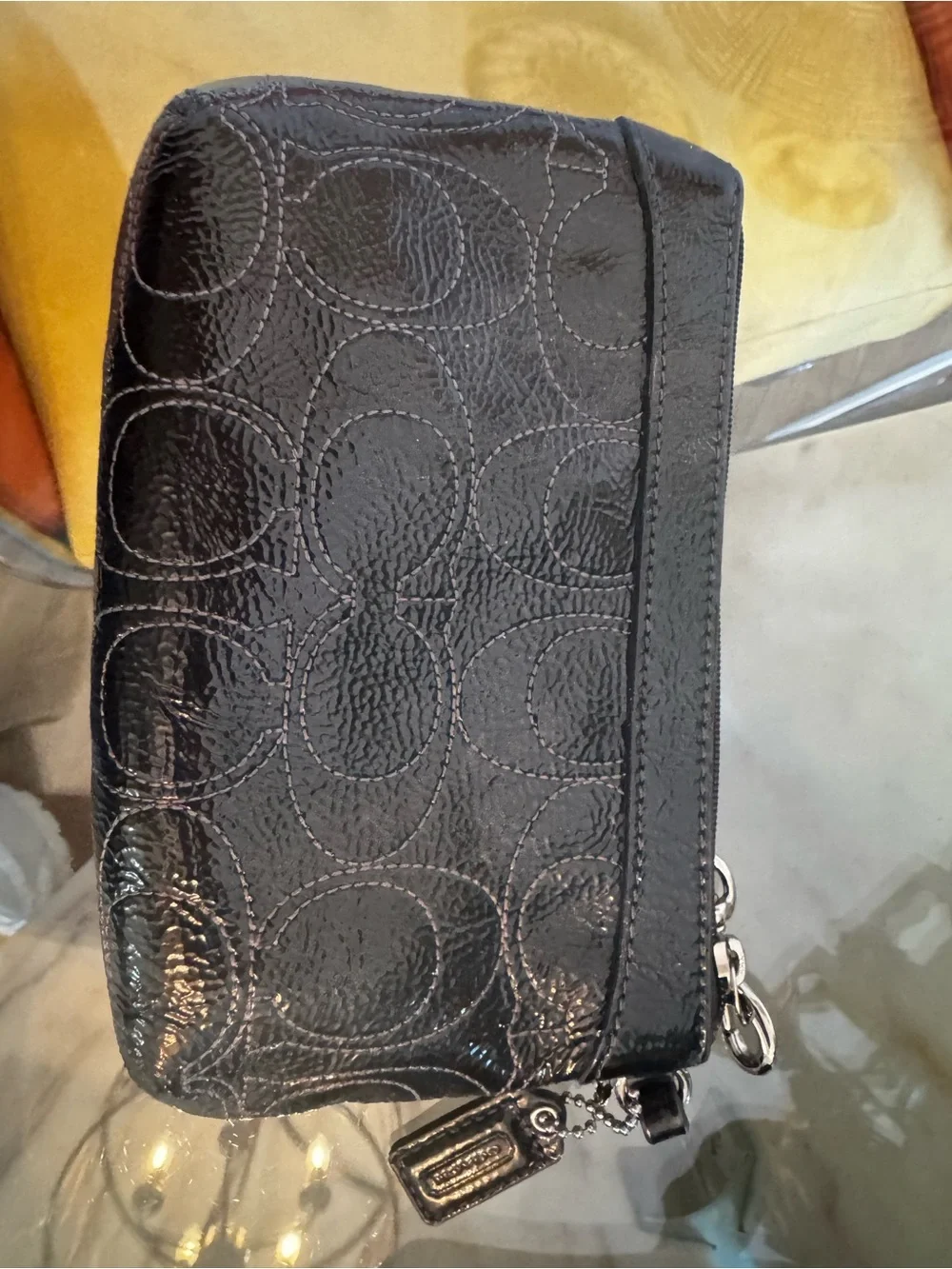 Coach Black Patent Signature Zip Wristlet Cosmetic Pouch